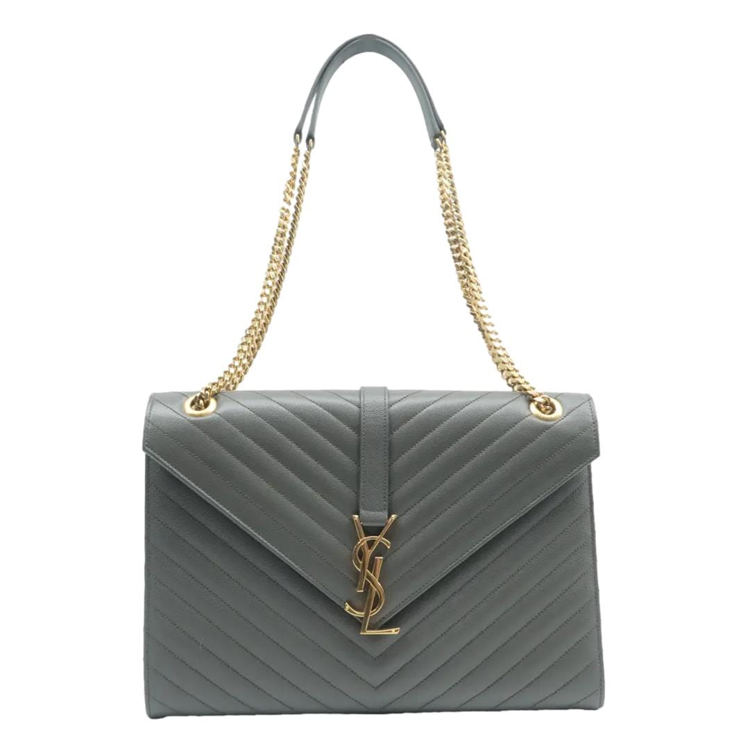 YSL Saint Laurent Yves Envelope Chevron Shoulder Bag Leather Gray Large
