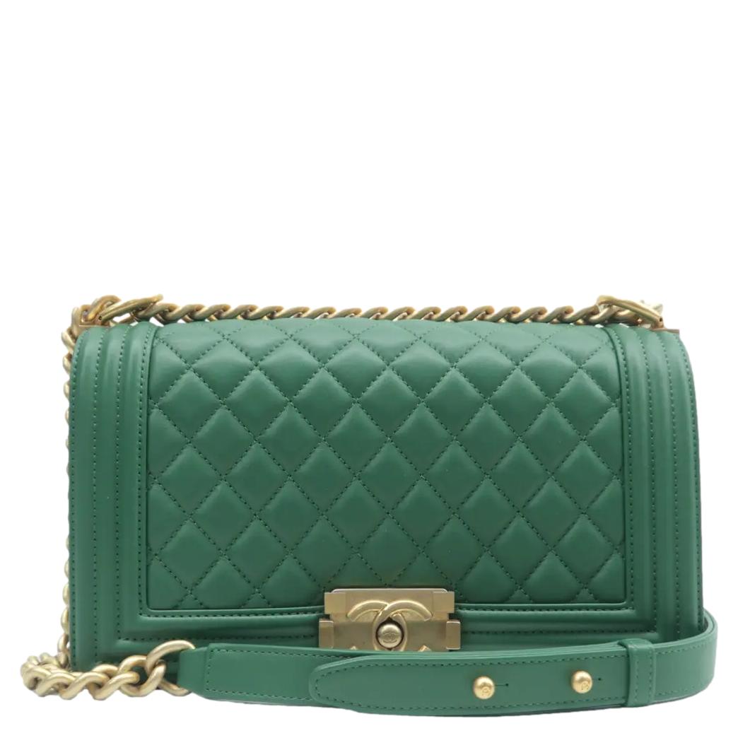 Chanel Boy Flap Quilted Leather Green Travel Bag