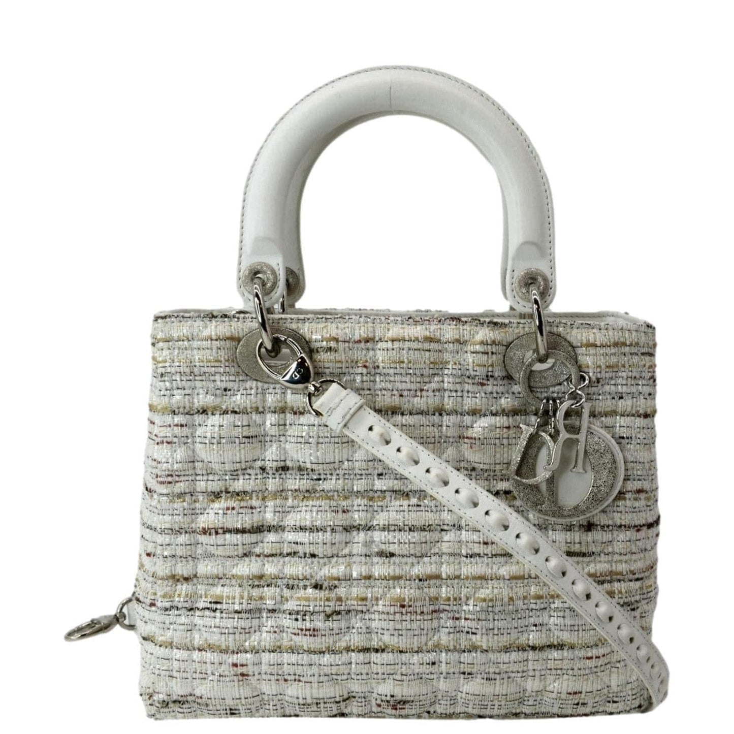 Dior Lady Tweed Shoulder Bag Leather White Medium