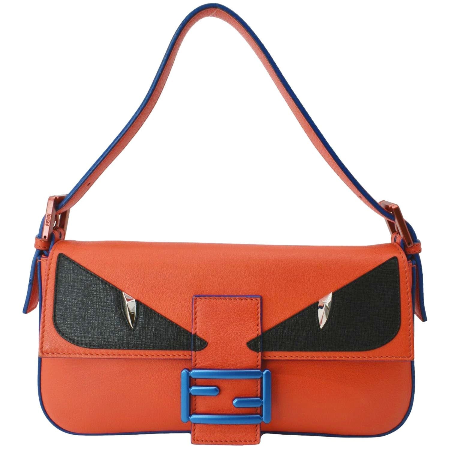 Fendi Monster Eye Baguette Calfskin Crossbody Bag Leather Orange Shoulder Bag