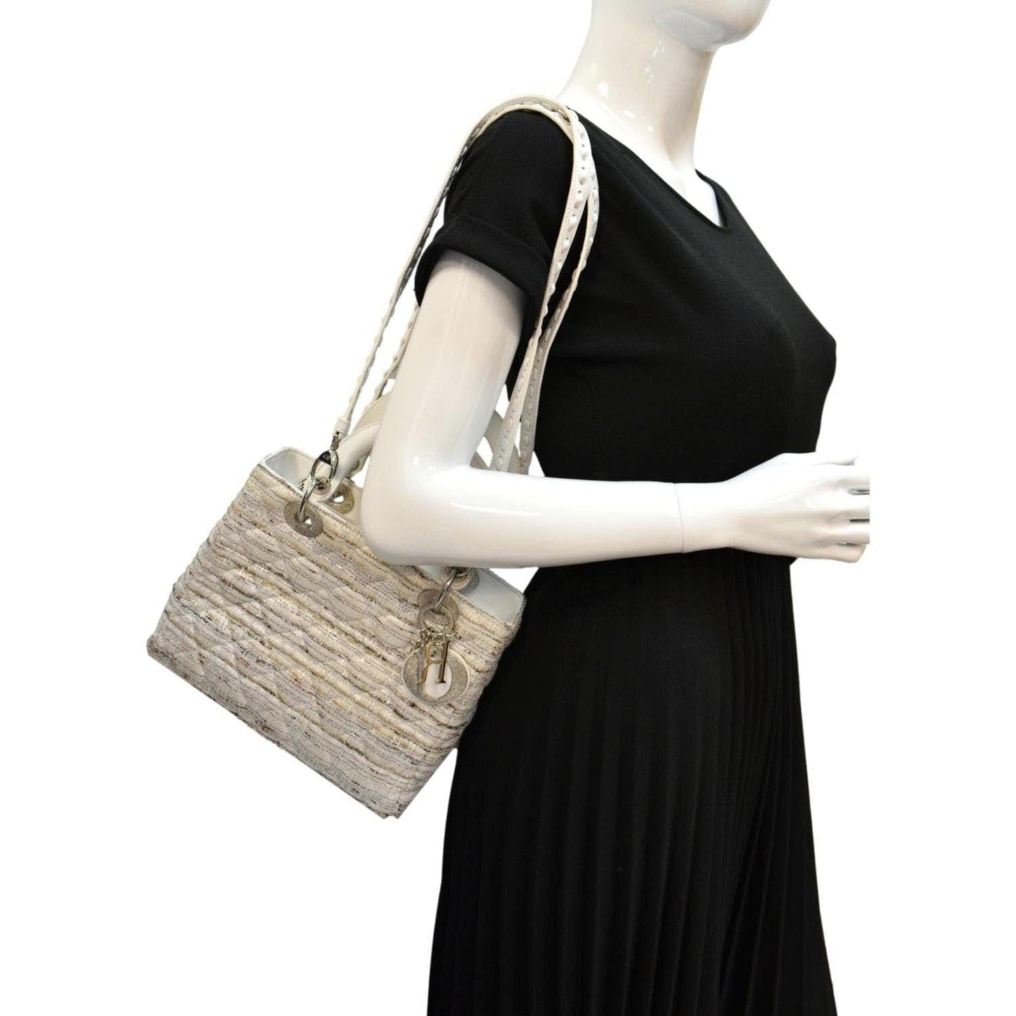 Dior Lady Tweed Shoulder Bag Leather White Medium