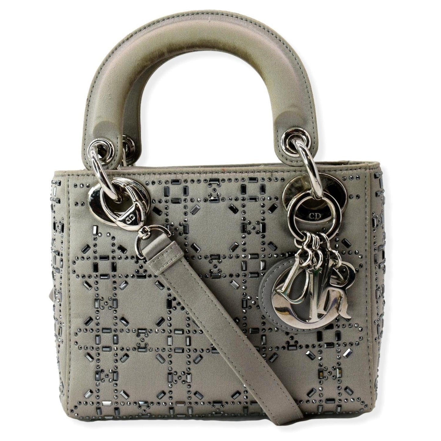 Dior Lady Crystal Embellished Shoulder Bag Satin Gray Mini