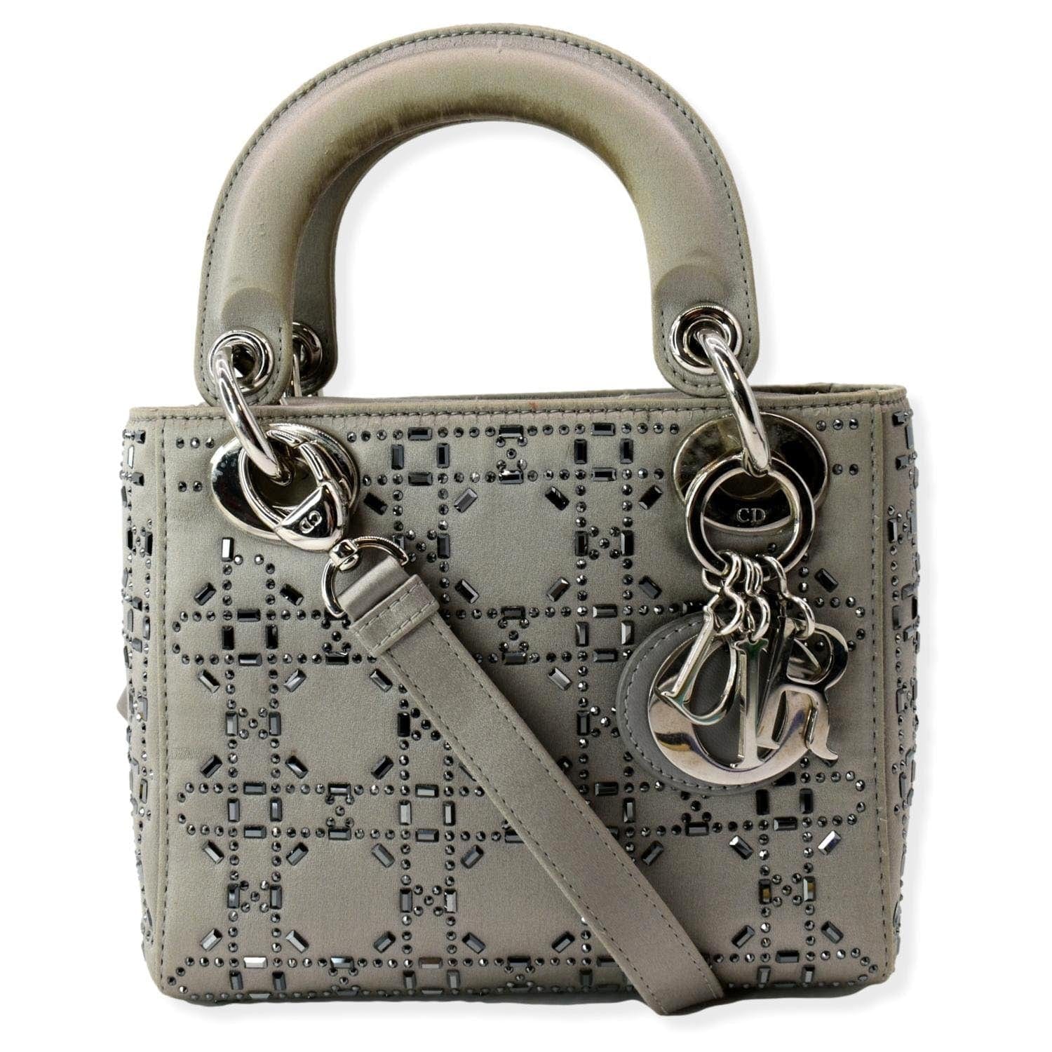 Dior Lady Crystal Embellished Shoulder Bag Satin Gray Mini
