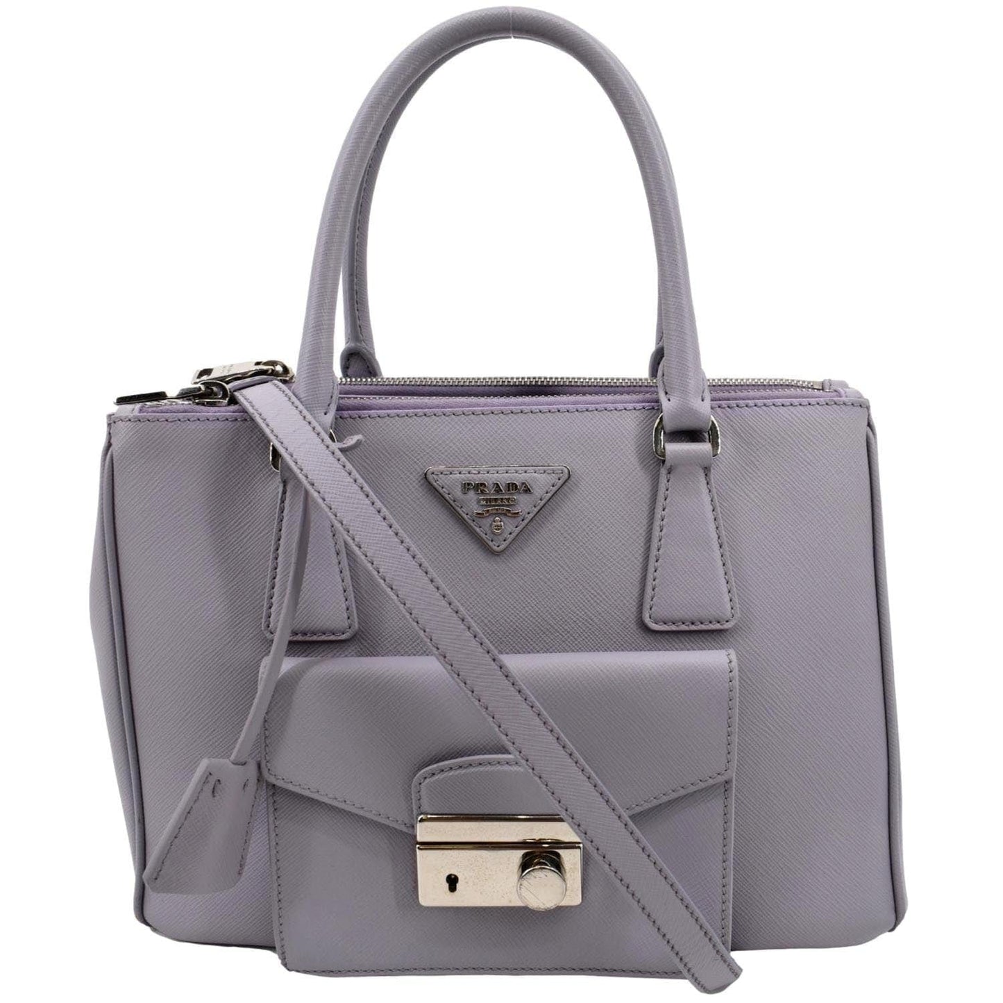 Prada Front Pocket Double Tote Shoulder Bag Light Leather Saffiano Purple