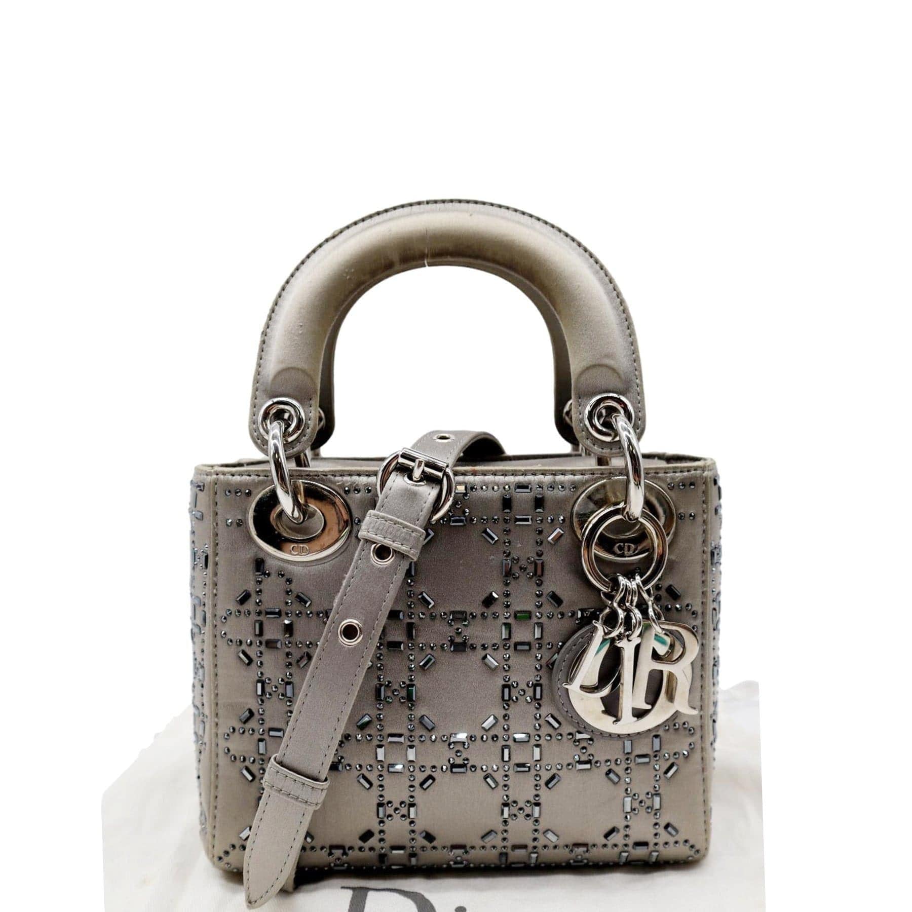 Dior Lady Crystal Embellished Shoulder Bag Satin Gray Mini