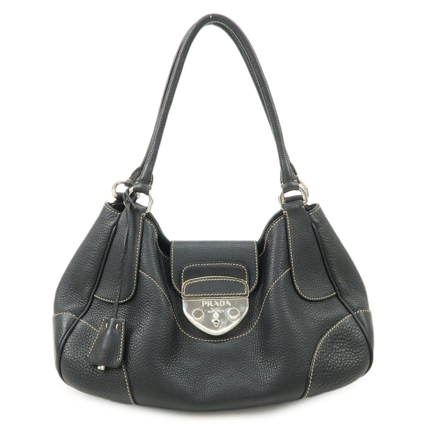 Prada Shoulder Bag Hand Bag Hardware Leather Black Silver