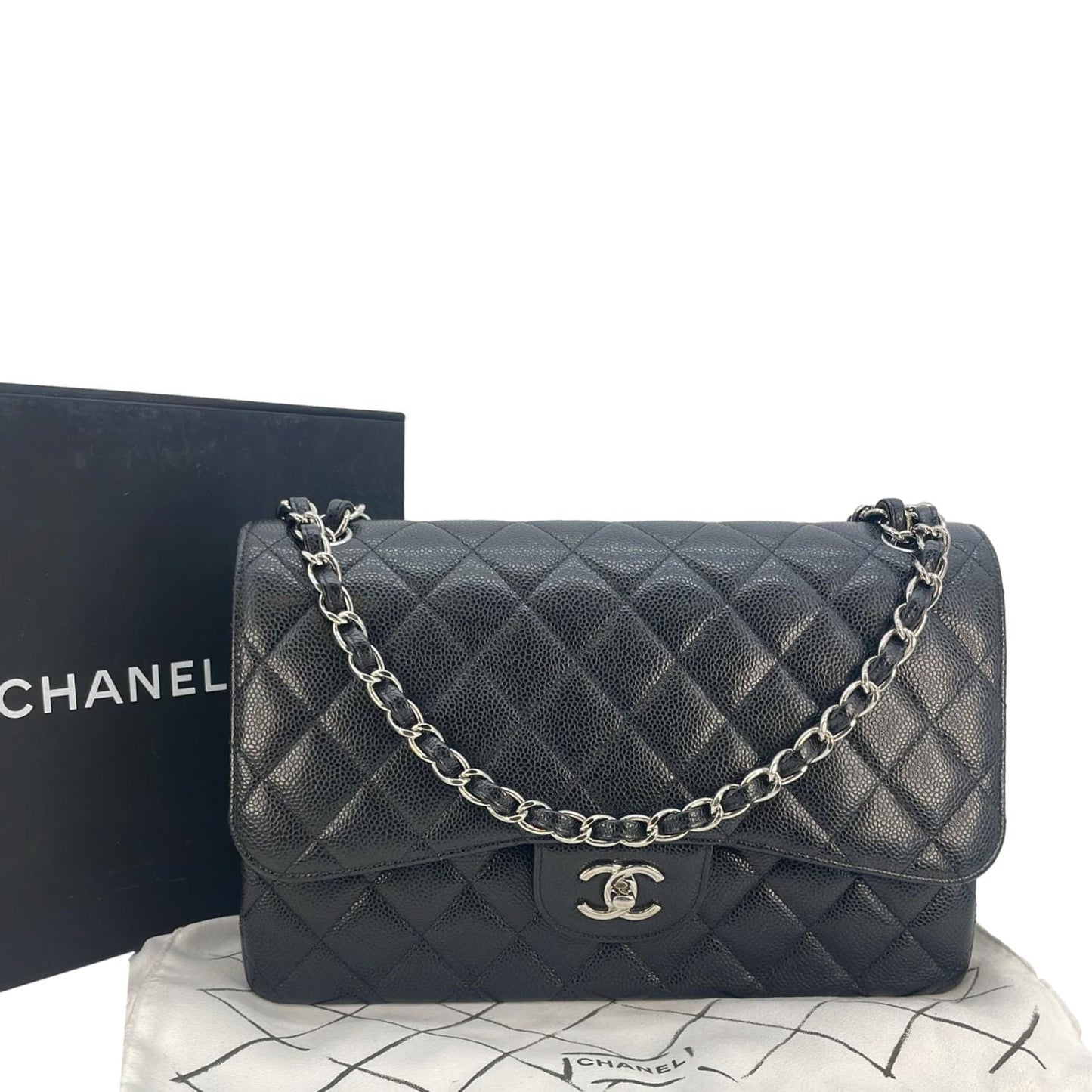 Chanel Classic Jumbo Double Flap Quilted Leather Black Travel Bag Black Chip