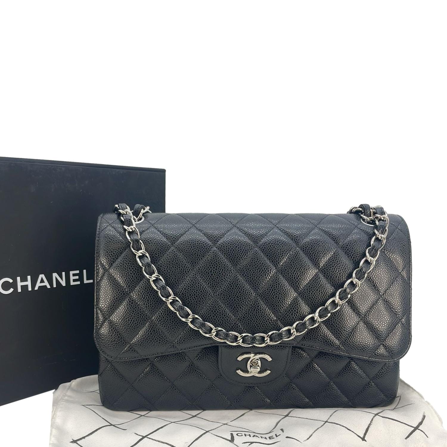 Chanel Classic Jumbo Double Flap Quilted Leather Black Travel Bag Black Chip