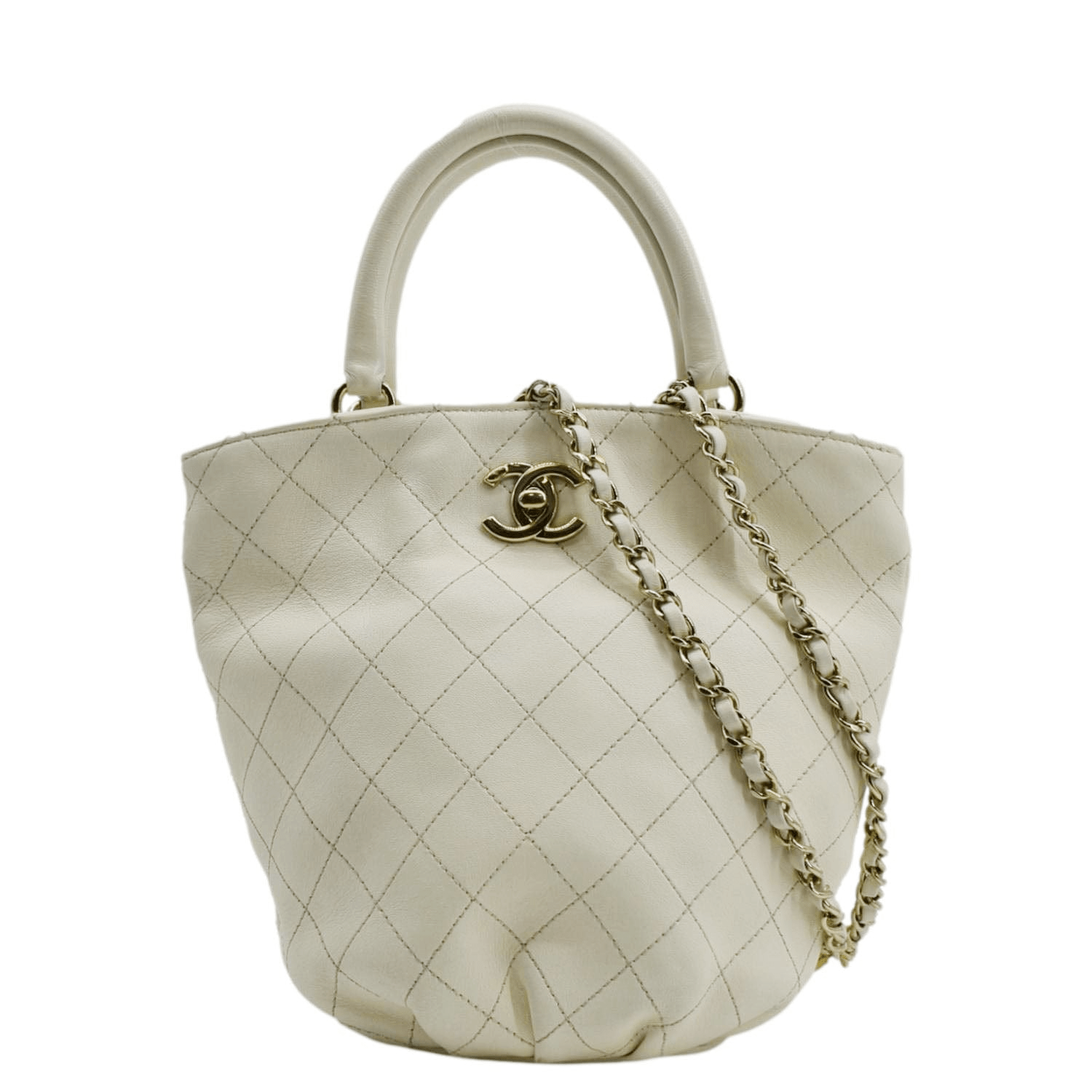 Chanel CC Lock Bucket Stitched Off Leather White Travel Bag