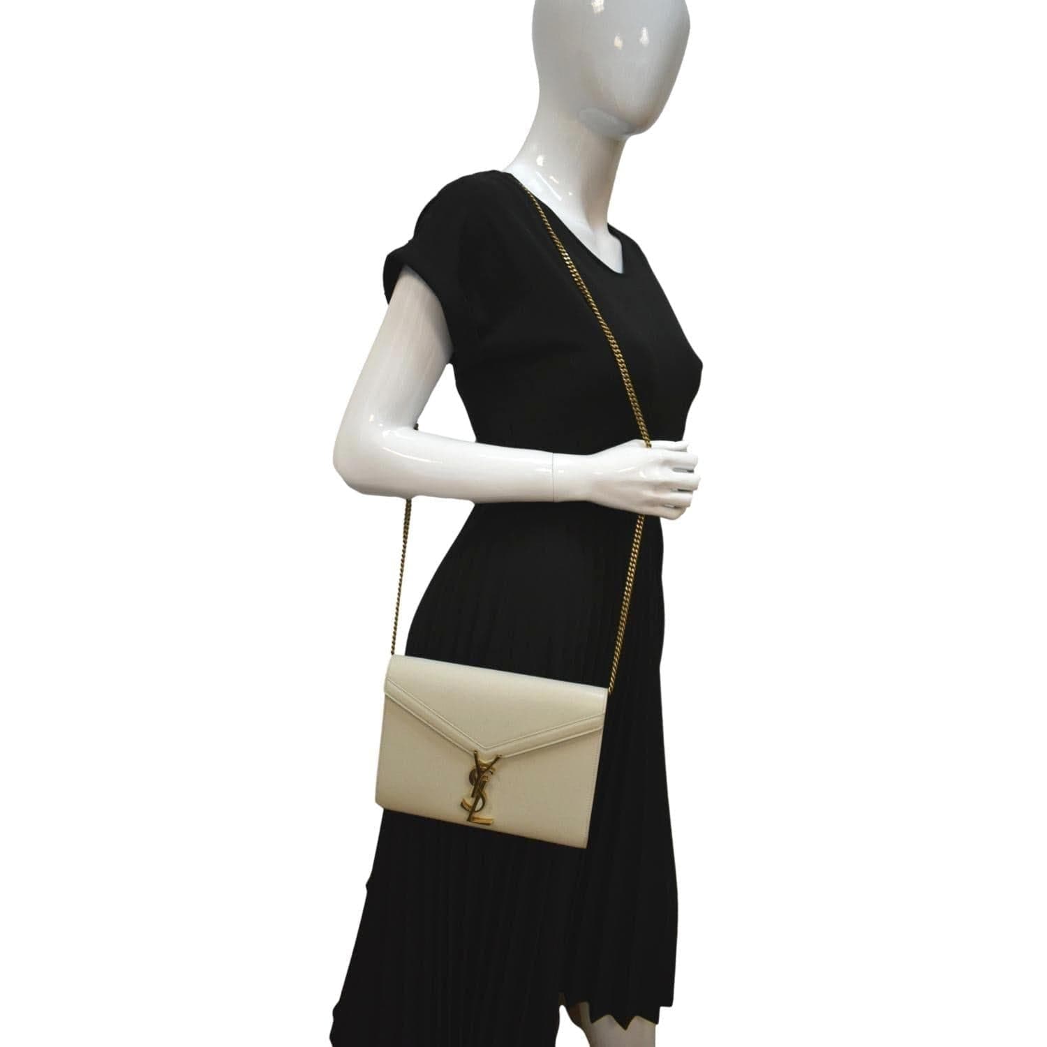 YSL Saint Laurent Yves Cassandra Grain De Poudre Crossbody Bag White Embossed Flap