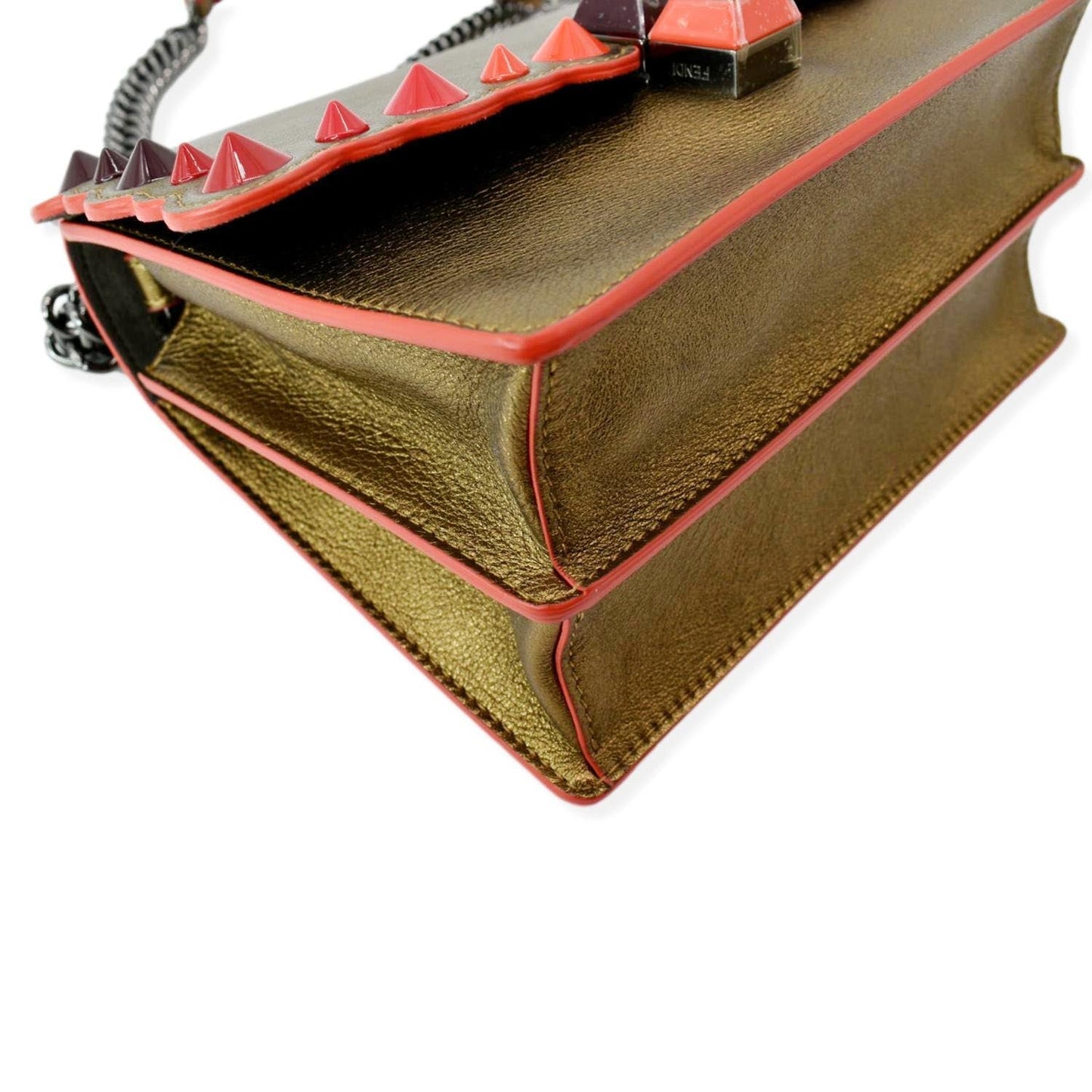 Fendi Kan Studded Metallic Shoulder Bag Leather Gold Small