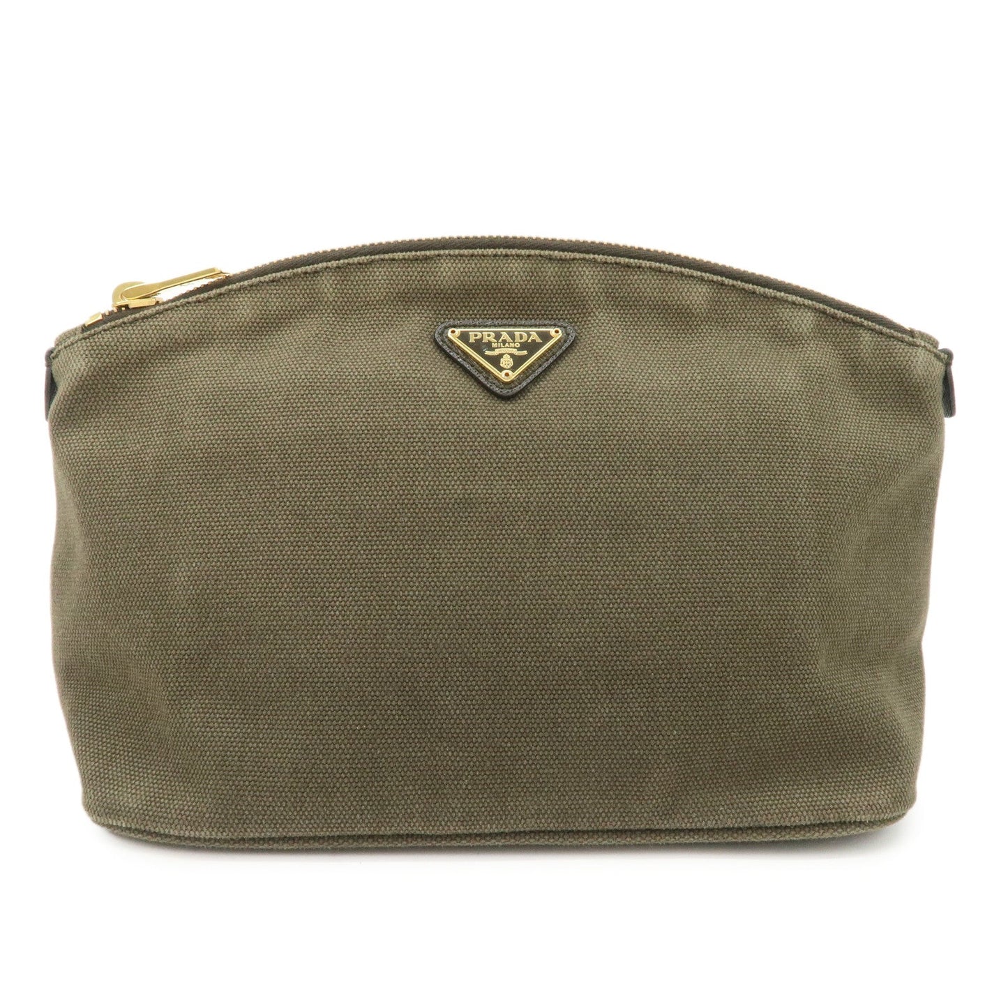Prada Triangle Cosmetic Pouch Khaki d Leather Canvas Logo Handbag