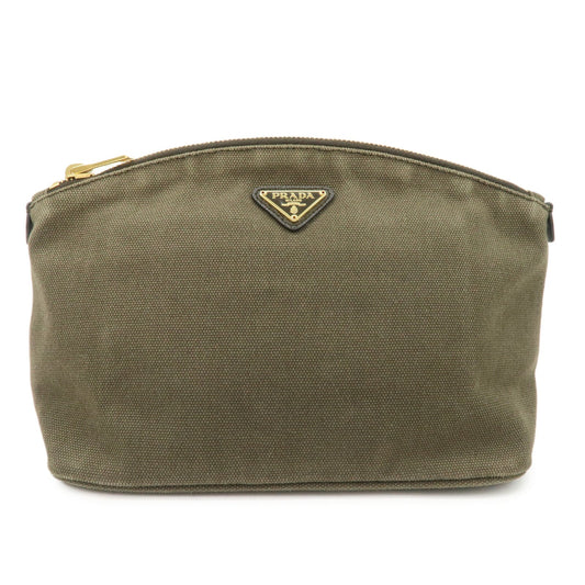 Prada Triangle Cosmetic Pouch Khaki d Leather Canvas Logo Handbag