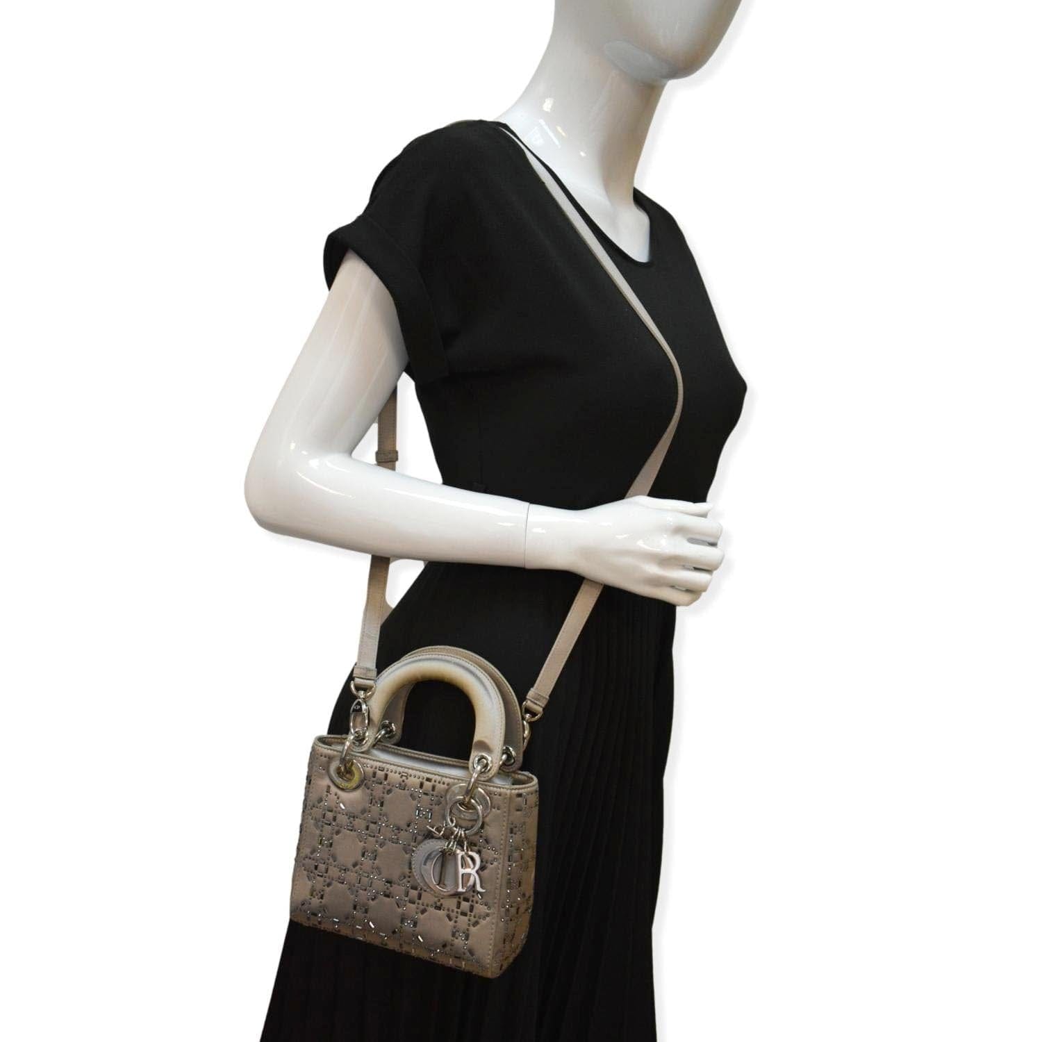Dior Lady Crystal Embellished Shoulder Bag Satin Gray Mini
