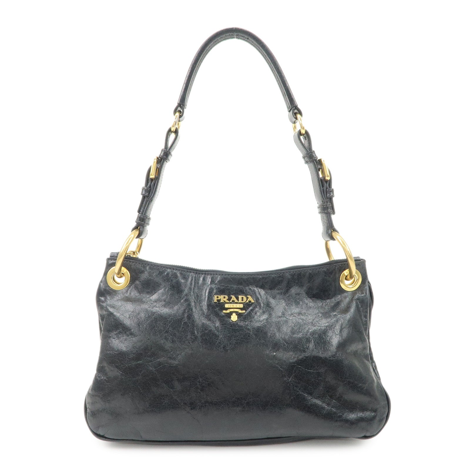 Prada Shoulder Bag Hand Bag Hardware d Leather Black Gold