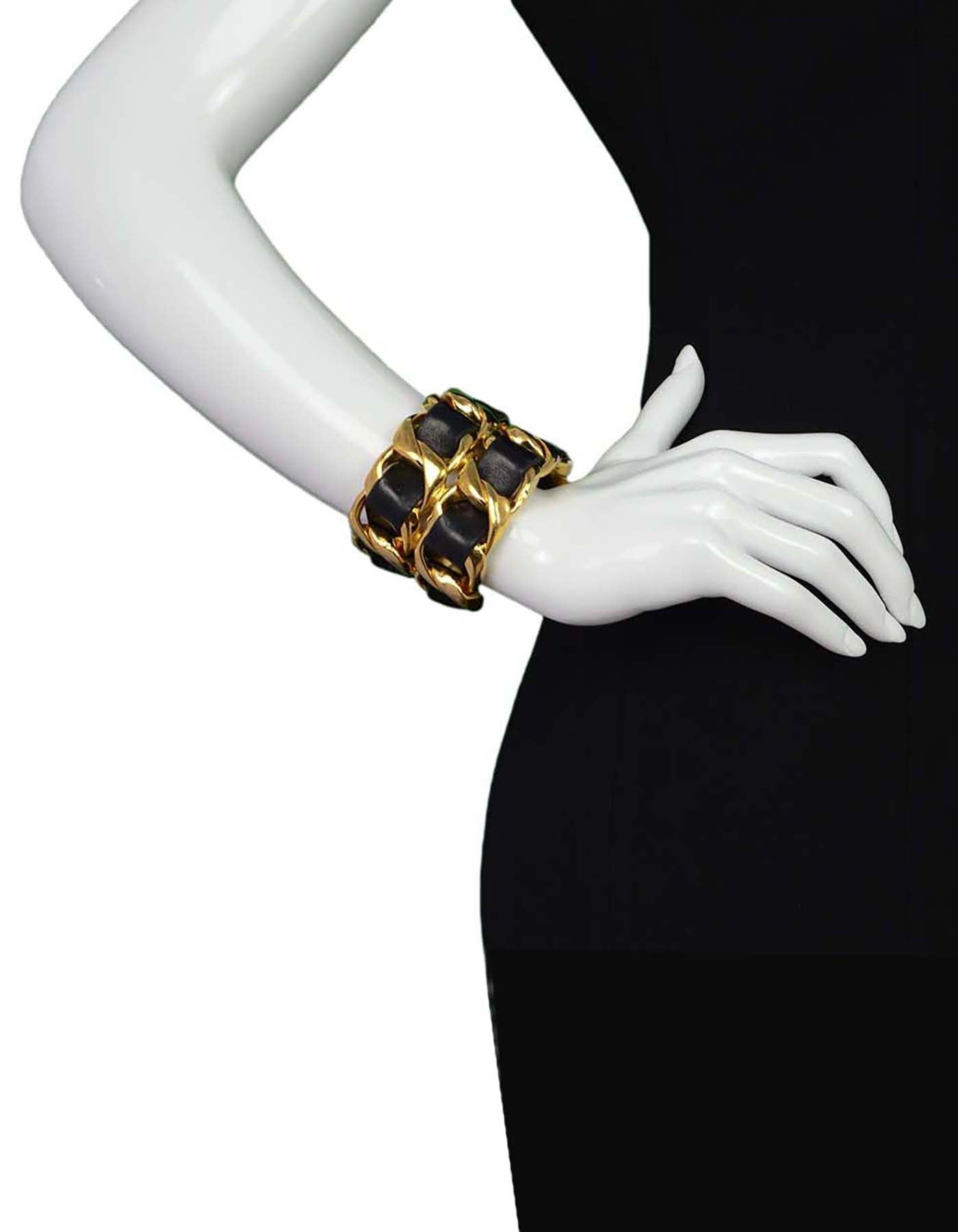 Chanel Black/gold Wide Leather Laced Cuff Bracelet