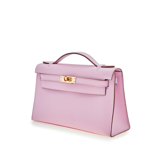 Hermes Luxury Kelly Pochette Mauve Sylvestre Swift Rose Gold Travel Bag