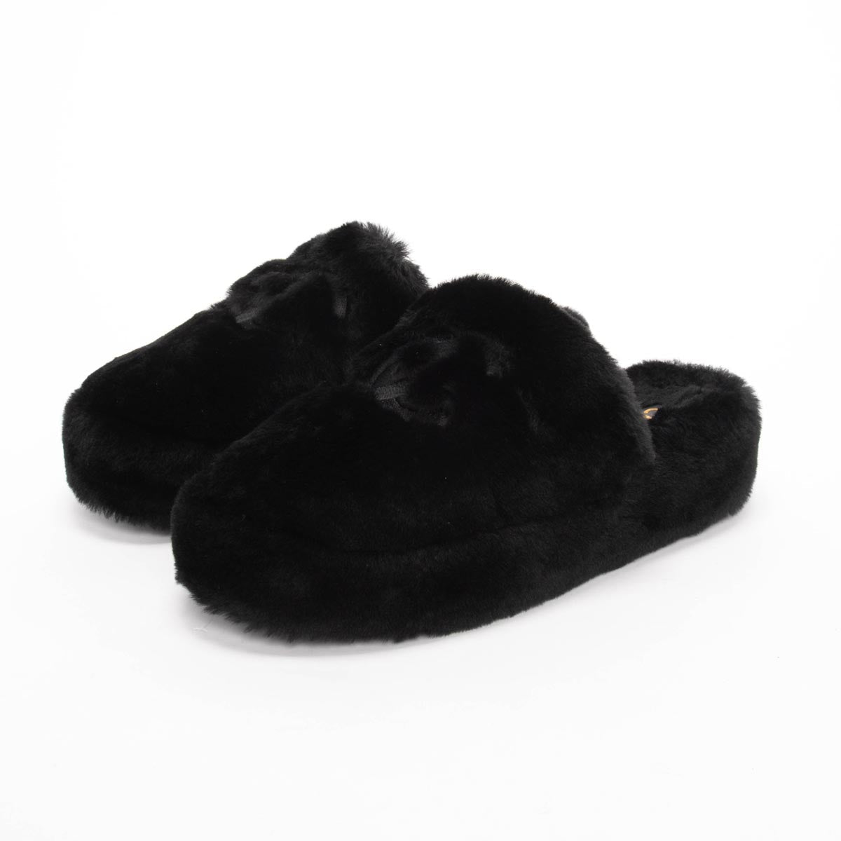 Chanel Black Shearling CC Travel Slippers & Pouch for Women