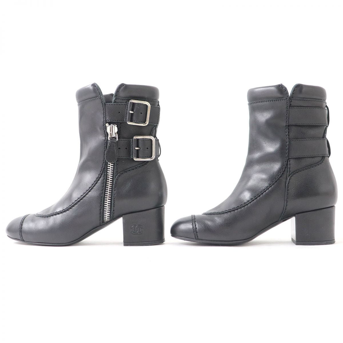 Chanel Leather COCO Mark Strap Zip Boots Black