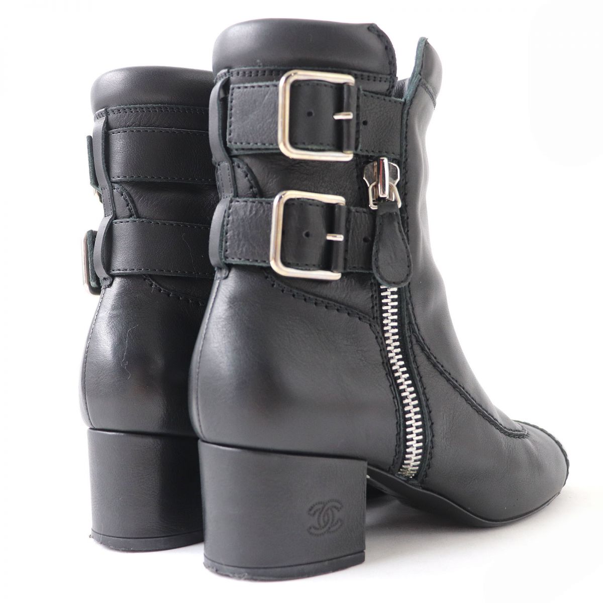 Chanel Leather COCO Mark Strap Zip Boots Black