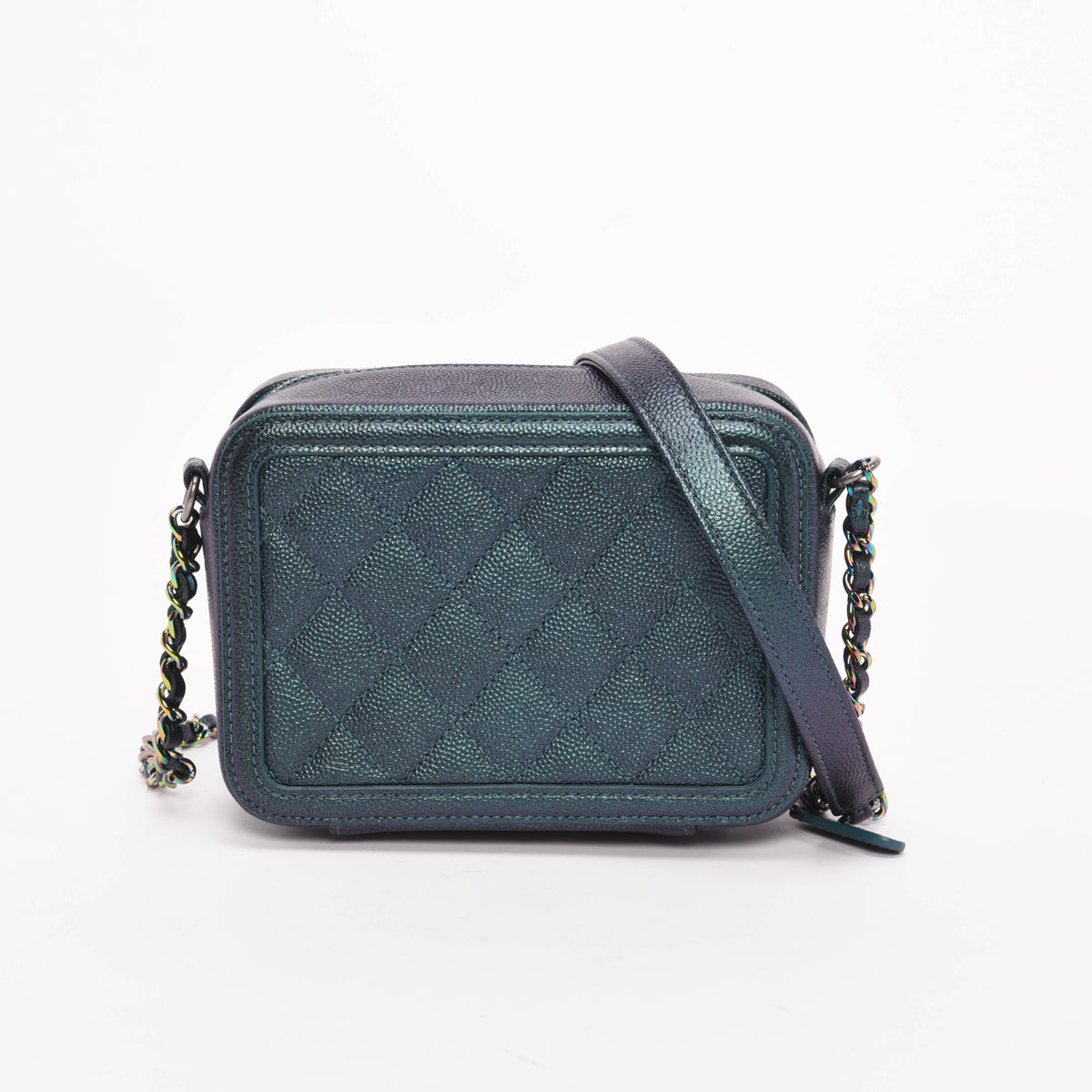Chanel Dark Turquoise Iridescent Caviar CC Filigree Vanity with Chain Handbag