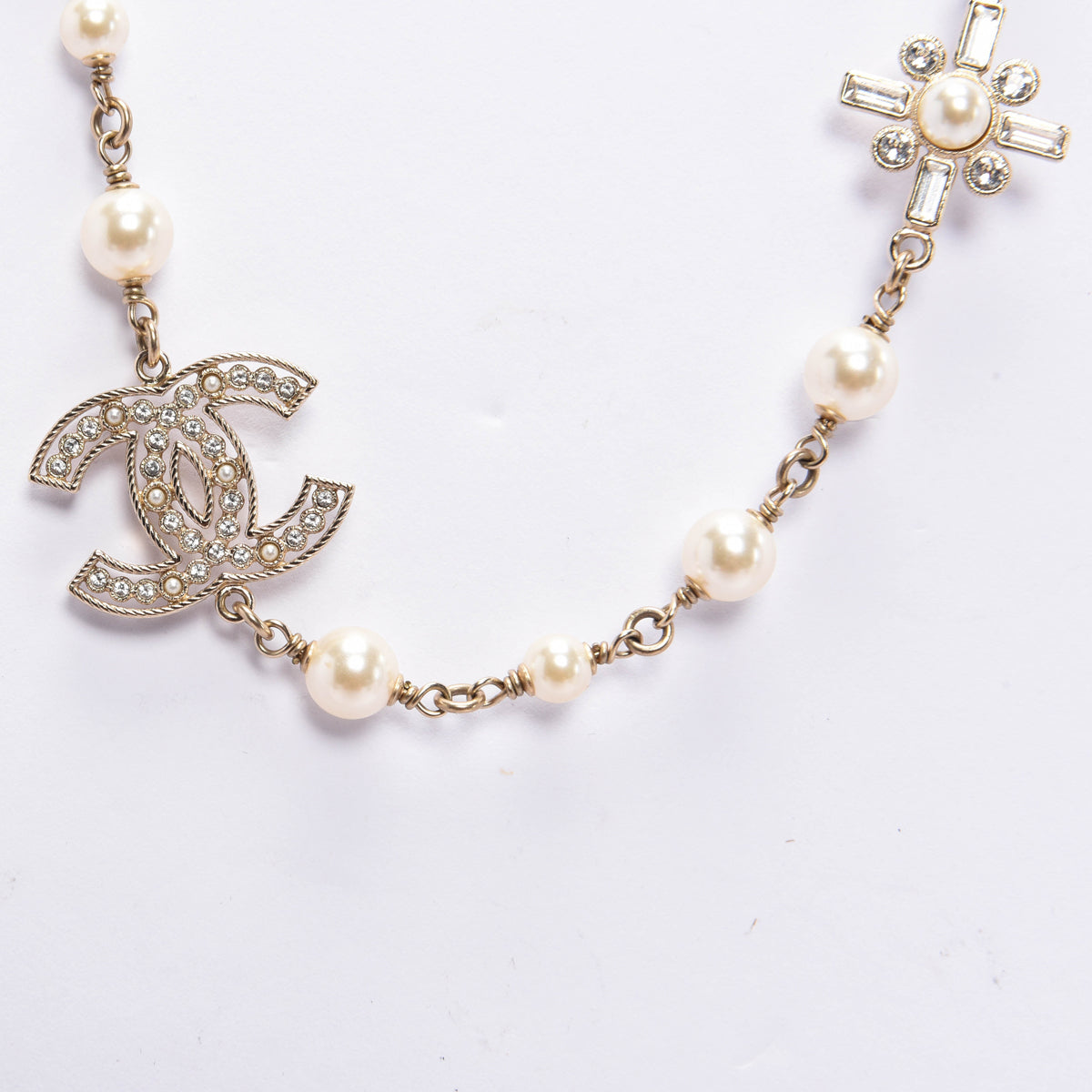 Chanel Gold Tone Pearl & Crystal Cc Necklace