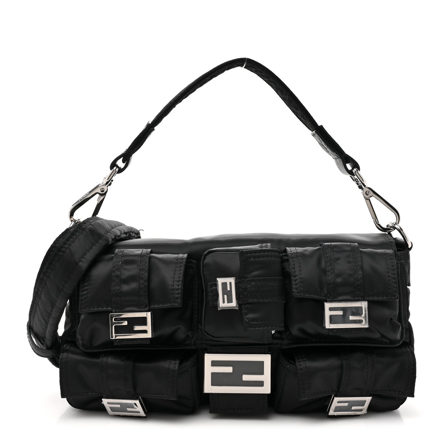 Fendi Crossbody Bag Econyl Cuoio Romano Multipocket Baguette Leather Black Shoulder Bag
