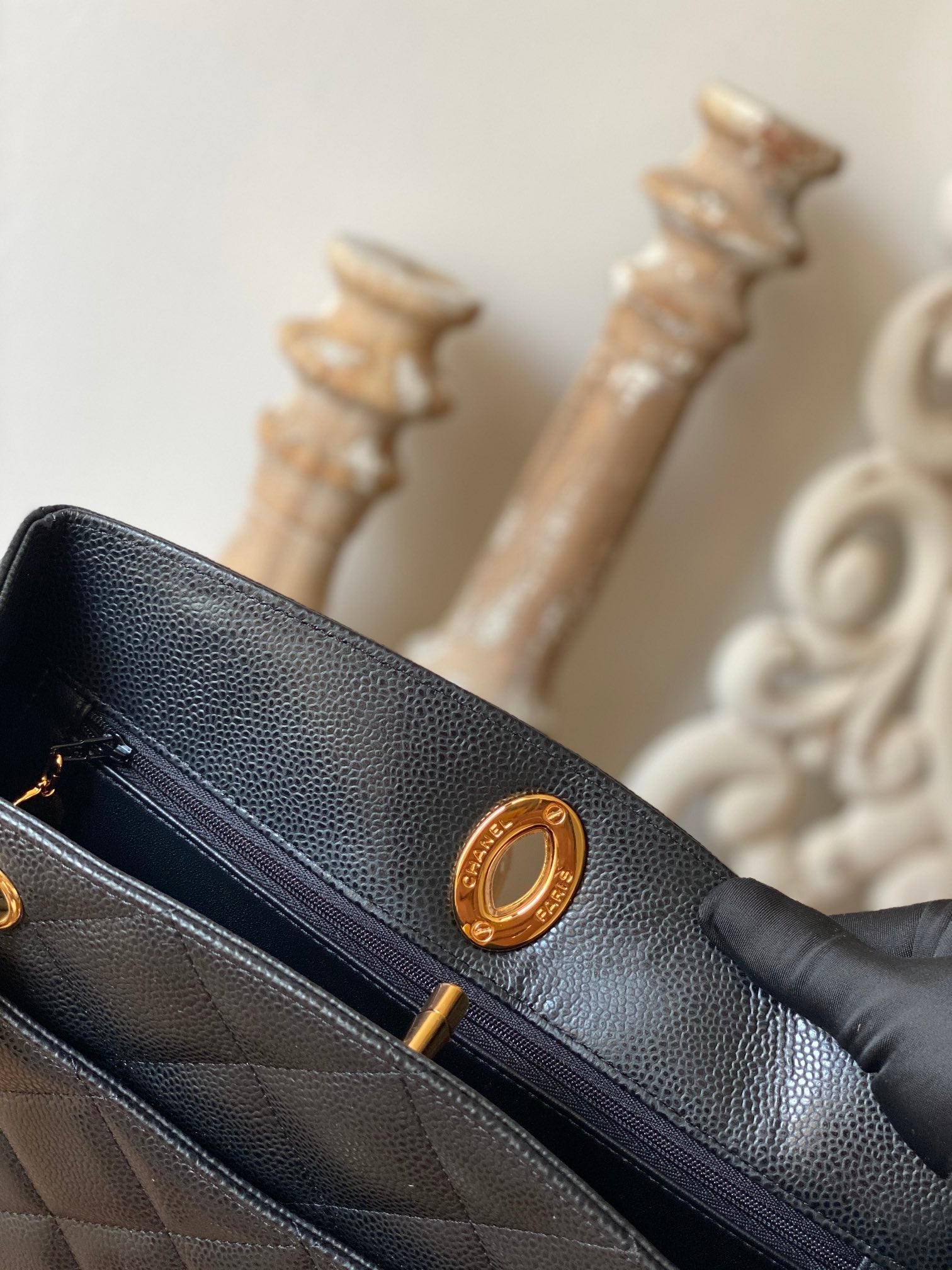 CHL Caviar 28cm 11in Quilted Black Medium Tote Bag