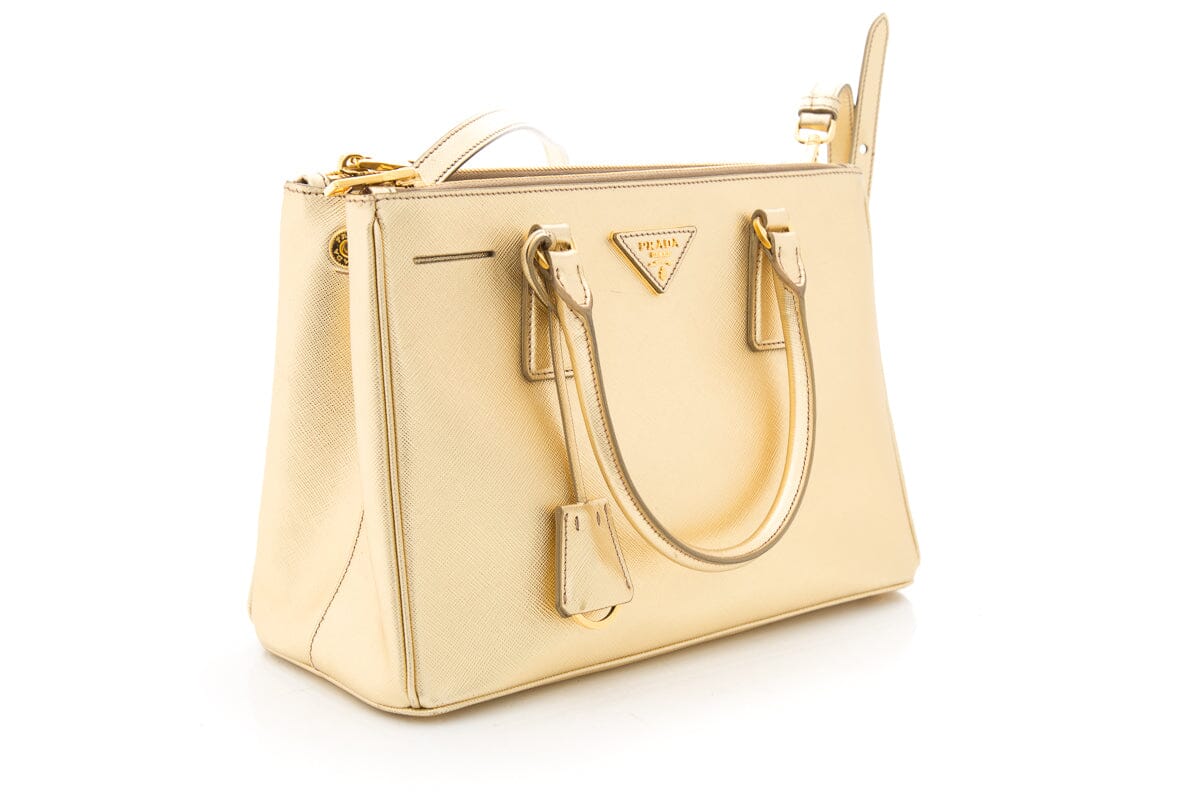 Prada Metallic Double Handbag Leather Saffiano Gold Travel Bag