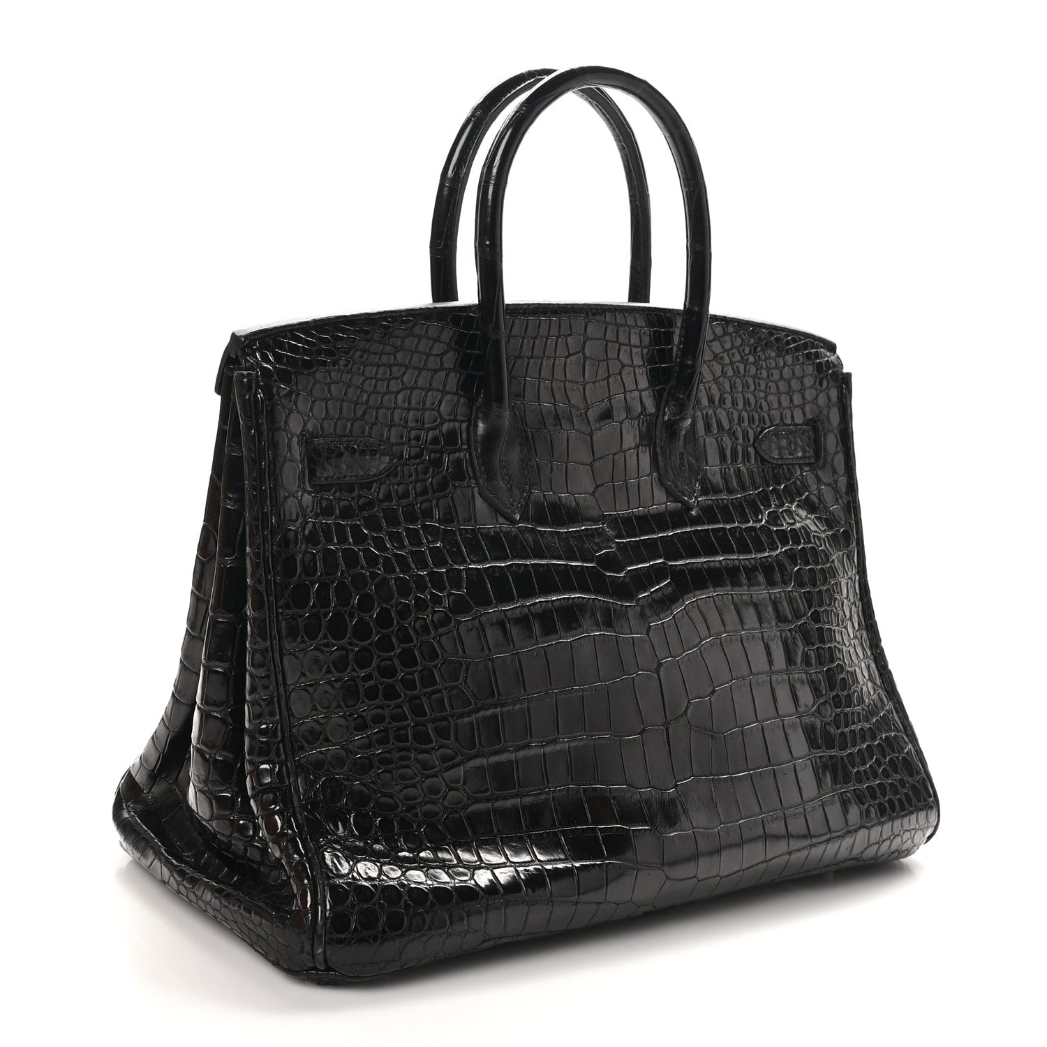 Hermes Shiny Porosus Crocodile Birkin Handbag Black Travel Bag 35 Black 1721106