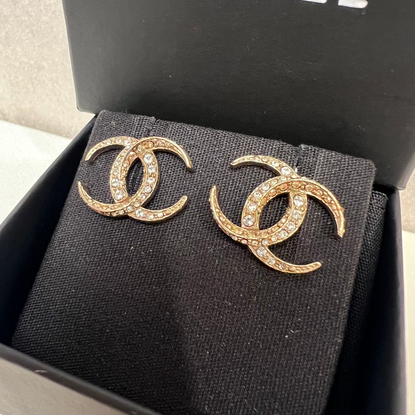 Chanel CC BC Logo Dubai Moon Crystal SHW Earrings Box RARE