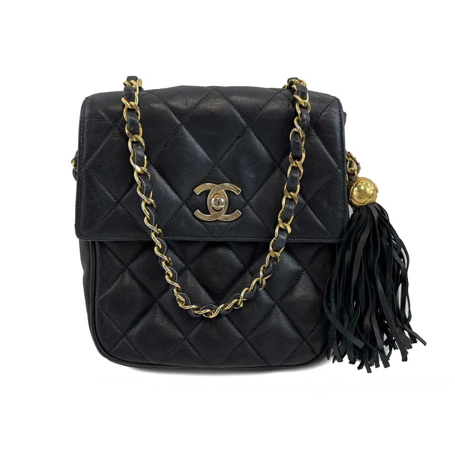 CHANEL Small Square New Leather   Gold CC Tassel Black Crossbody Handbag