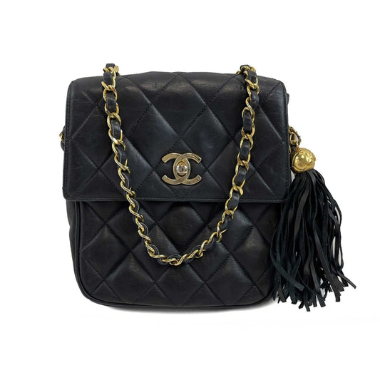 CHANEL Small Square New Leather   Gold CC Tassel Black Crossbody Handbag