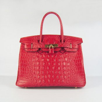 Hermes Luxury Birkin Cm Crocodile Head Vein Handbags Red Gold Travel Bag