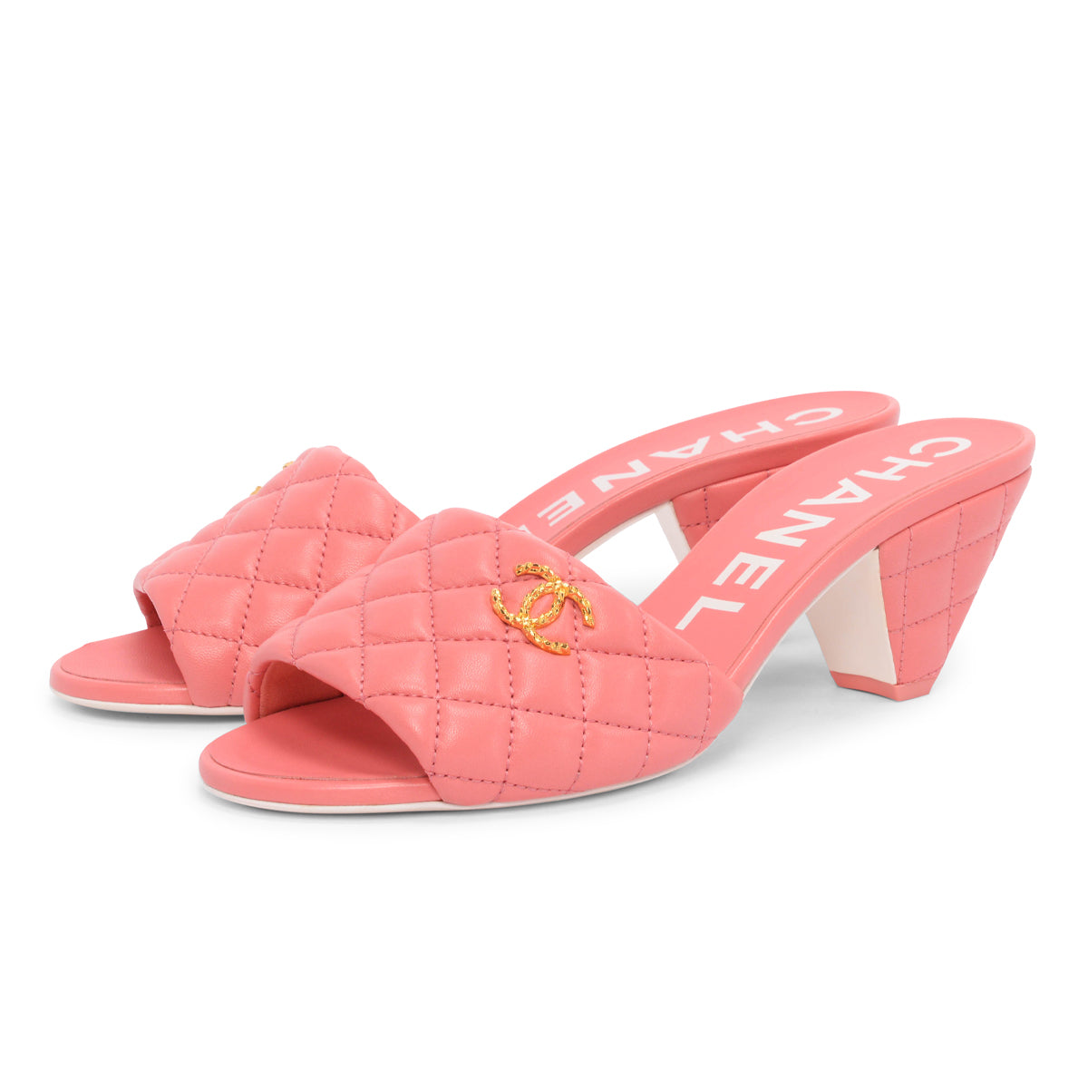 Chanel Coral Quilted Lambskin Textured Cc Mules 40 Women Shoes