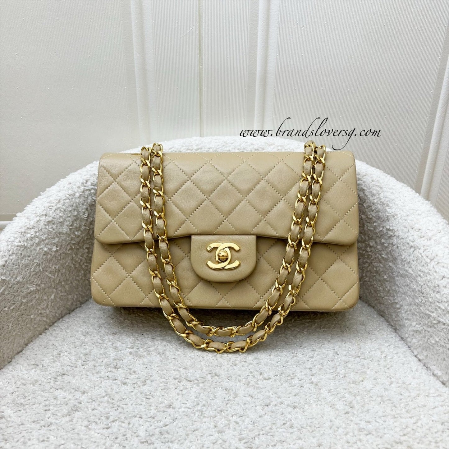 Chanel Small Classic Flap Cf In Beige Lambskin And 24K Gold Plated Hw Bag
