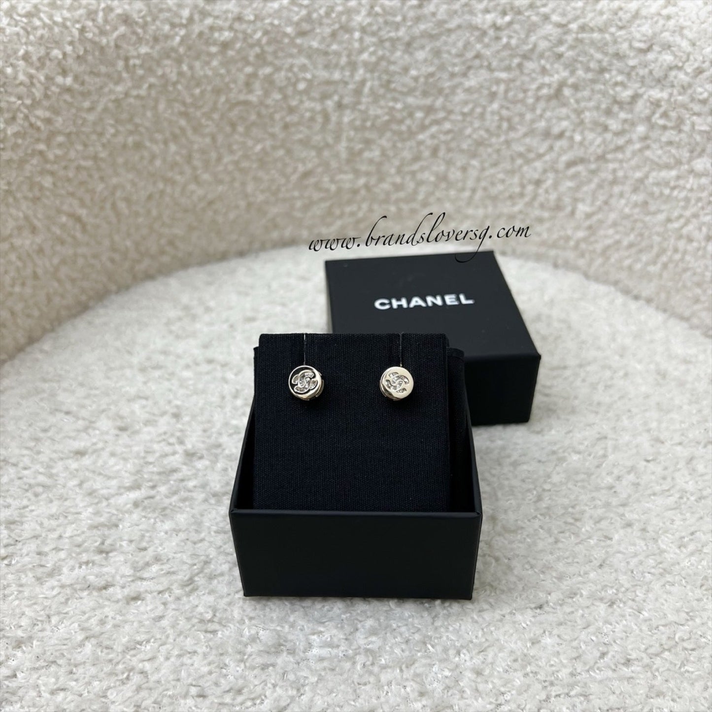 Chanel Mini Round Earrings with Crystal Studded CC Logo in Lghw