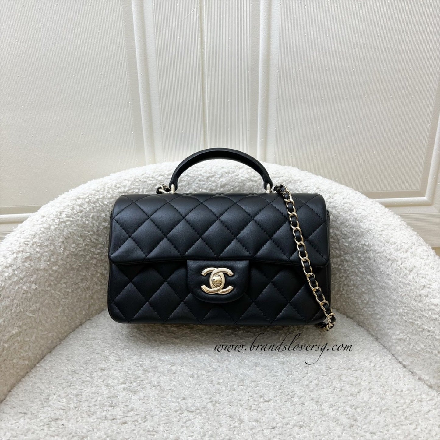 Chanel Classic Top Handle Mini Rectangle Flap in Black Lambskin and LGHW (Model: AS2431)