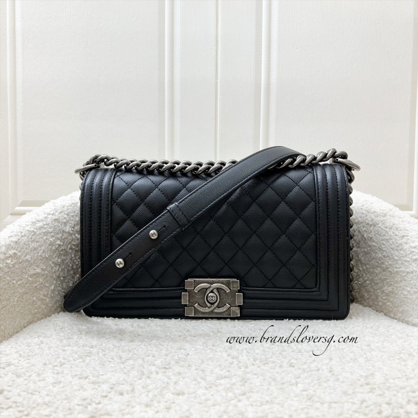 Chanel Medium 25CM Boy Flap in Black Caviar and Rhw ( ) Handbag