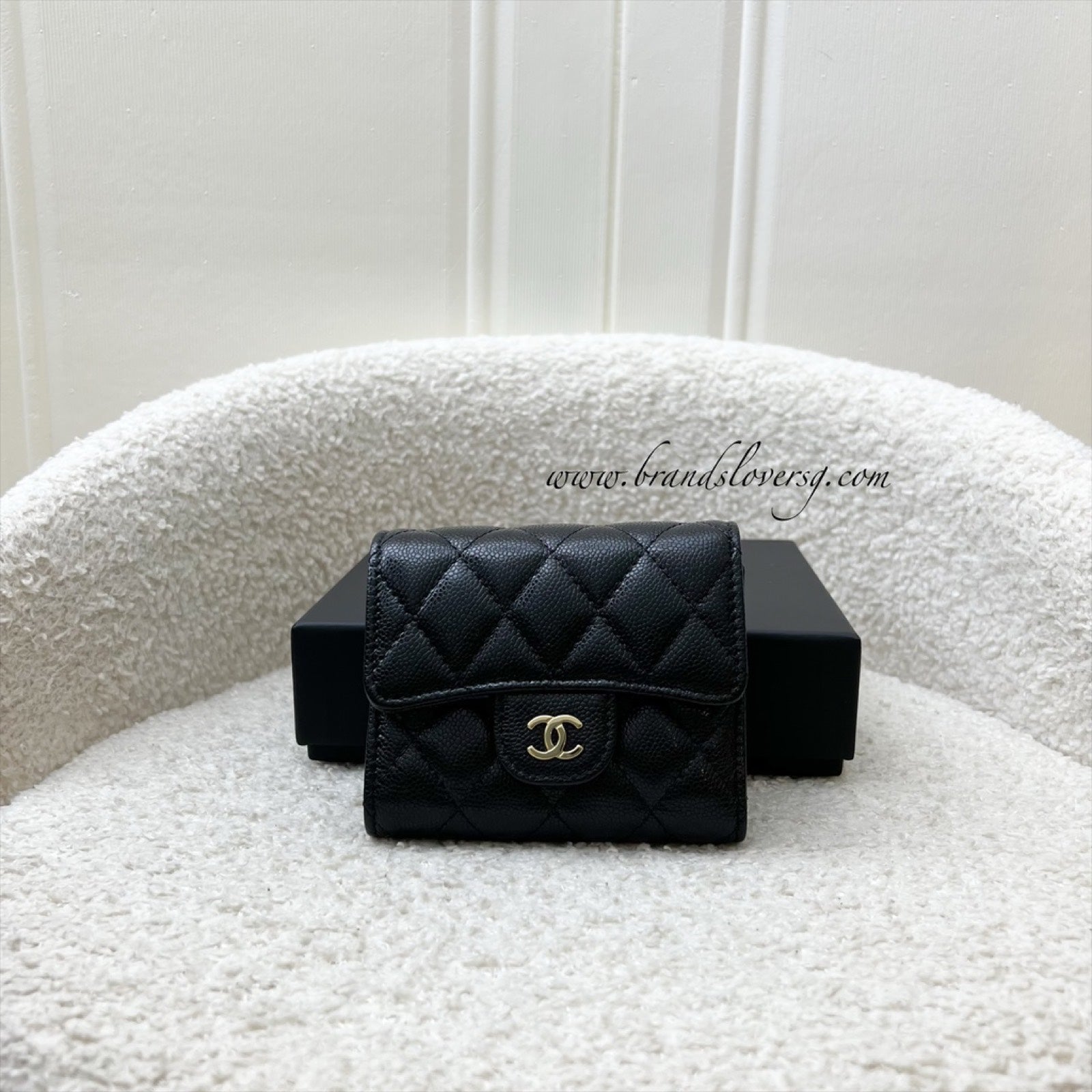 Chanel Compact Small Trifold Wallet in Black Caviar and Lghw Handbag
