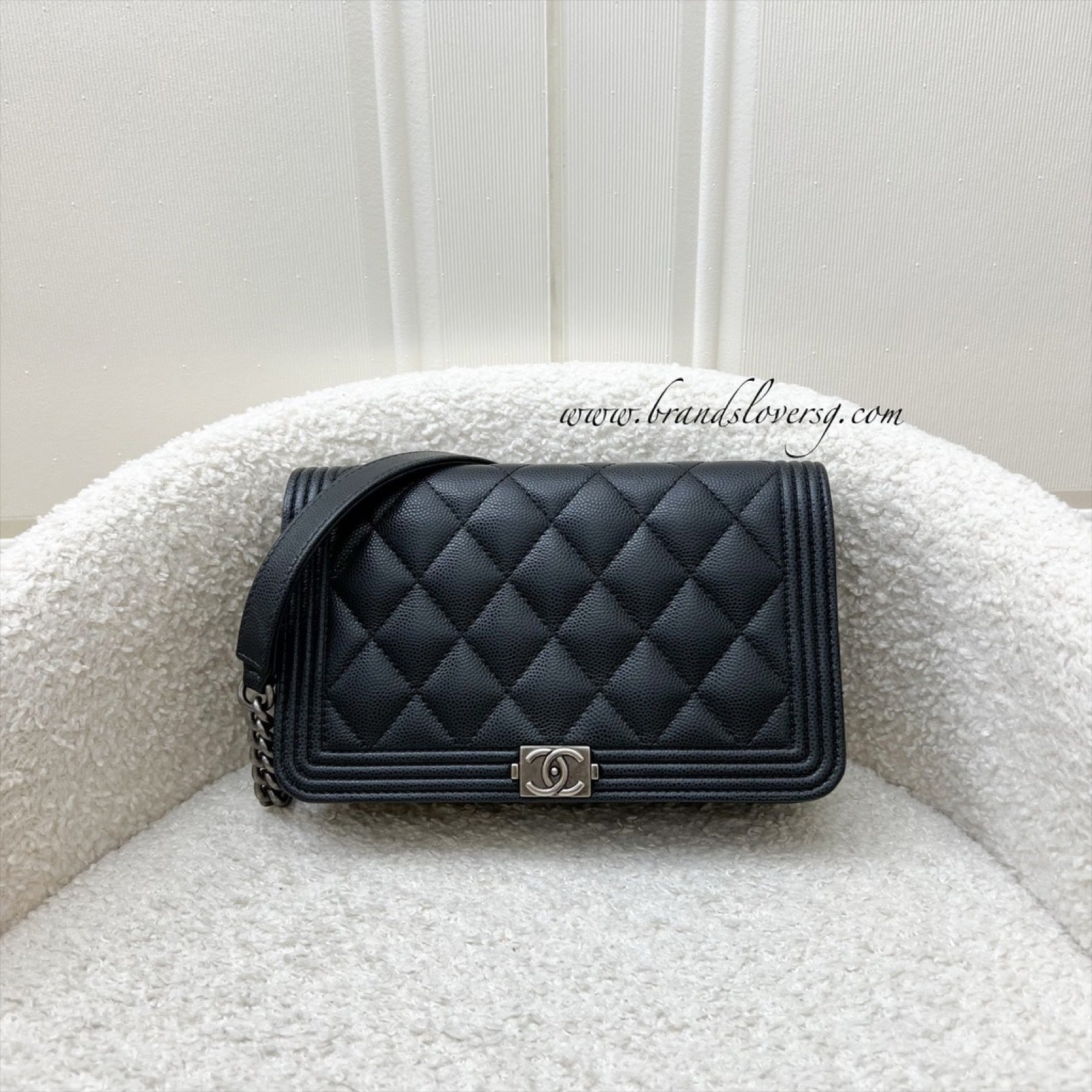 Chanel Boy Wallet On Chain Woc In Black Caviar And Rhw Bag