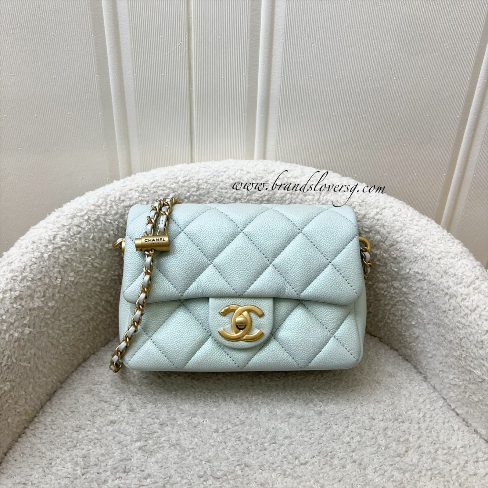 Chanel 21K Perfect Mini Flap Bag With Adjustable Chain In Iridescent Mint Caviar And Aghw (model: AS2855) 2