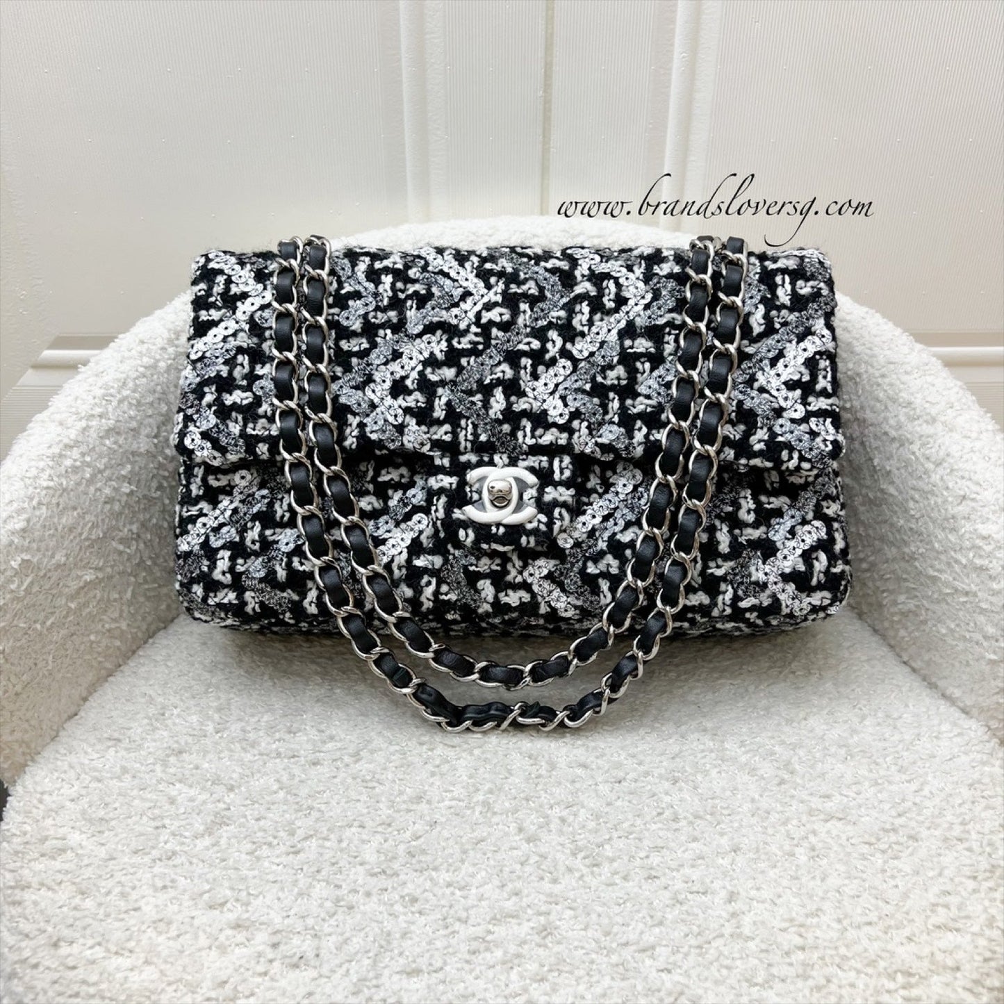 Chanel Medium Classic Flap Cf in Tweed,black and White Sequins and Shw Handbag