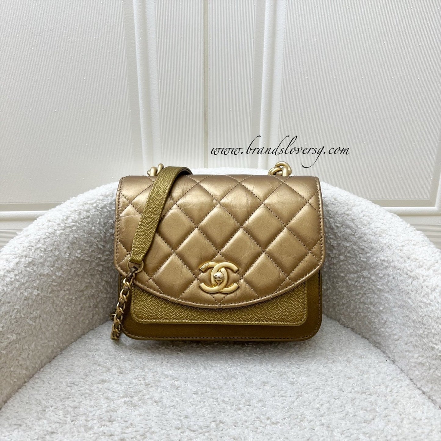 Chanel Seasonal Flap Bag In Gold Shiny Calfskin / Caviar And Aghw