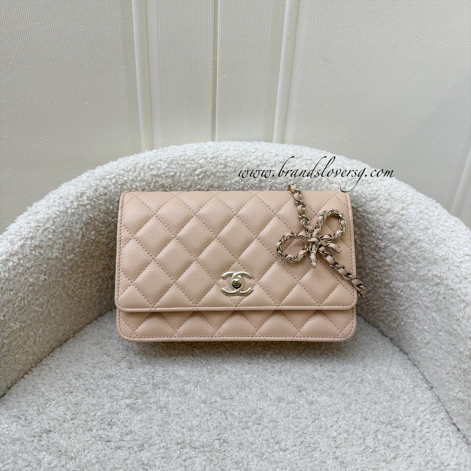 Chanel 23S Ribbon Chain Wallet On Chain Woc In Beige Caviar Lghw Bag