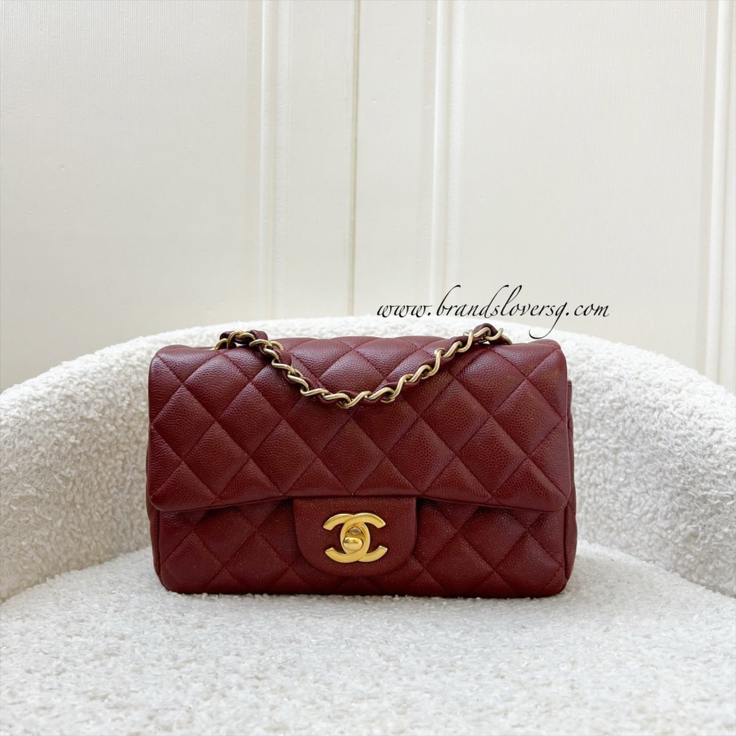 Chanel Classic Mini Rectangle Flap In 18C Iridescent Burgundy Red Caviar And Aghw Bag
