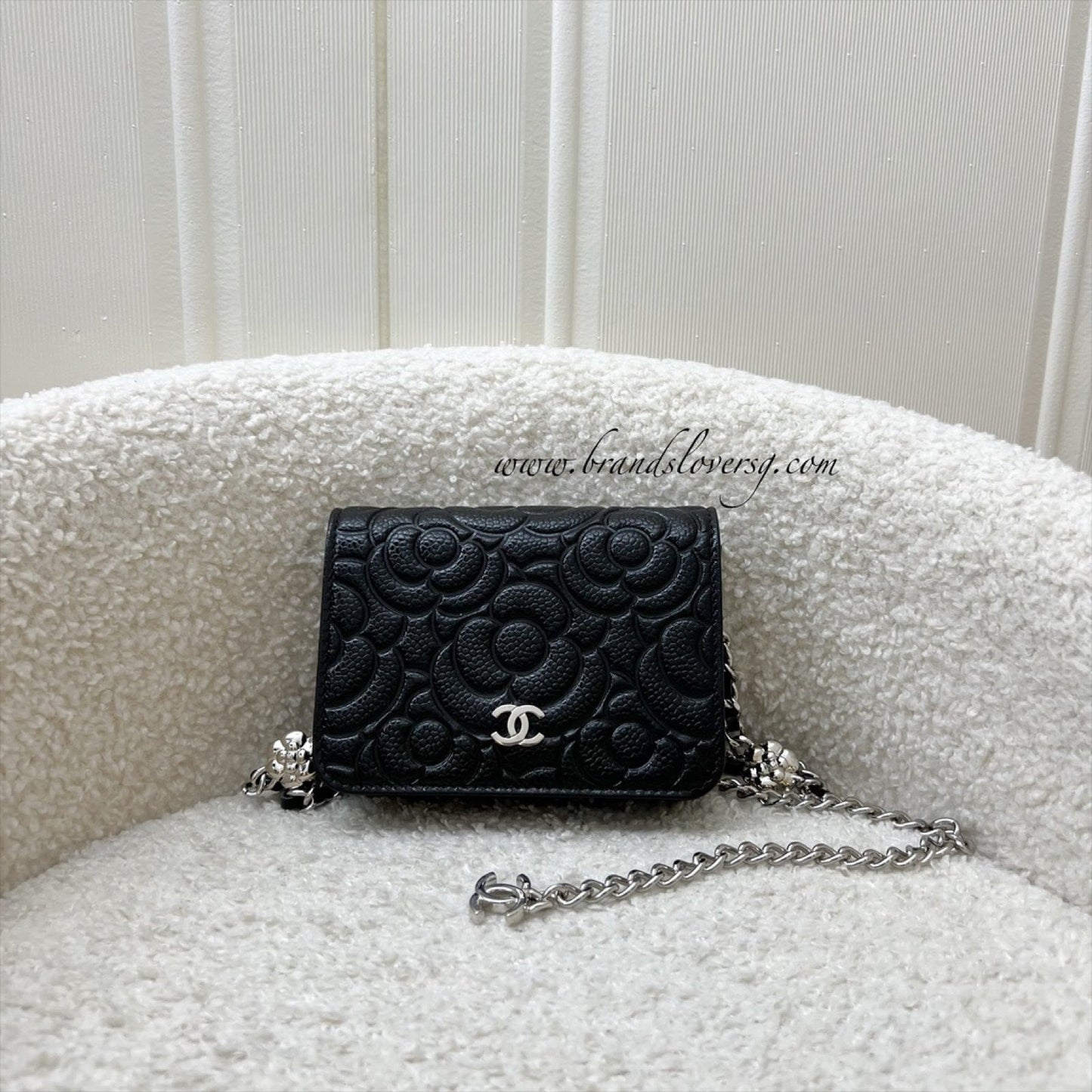 Chanel 20K Camellia Micro Flap Clutch On Chain Belt Bag In Black Caviar And Shw