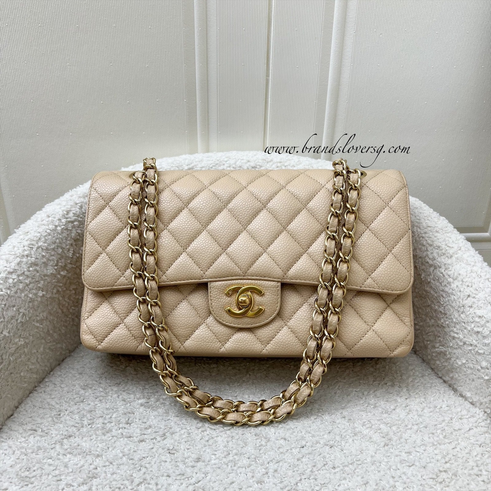 Chanel Medium Classic Flap Cf In Beige Caviar And 24K Plated Ghw Bag