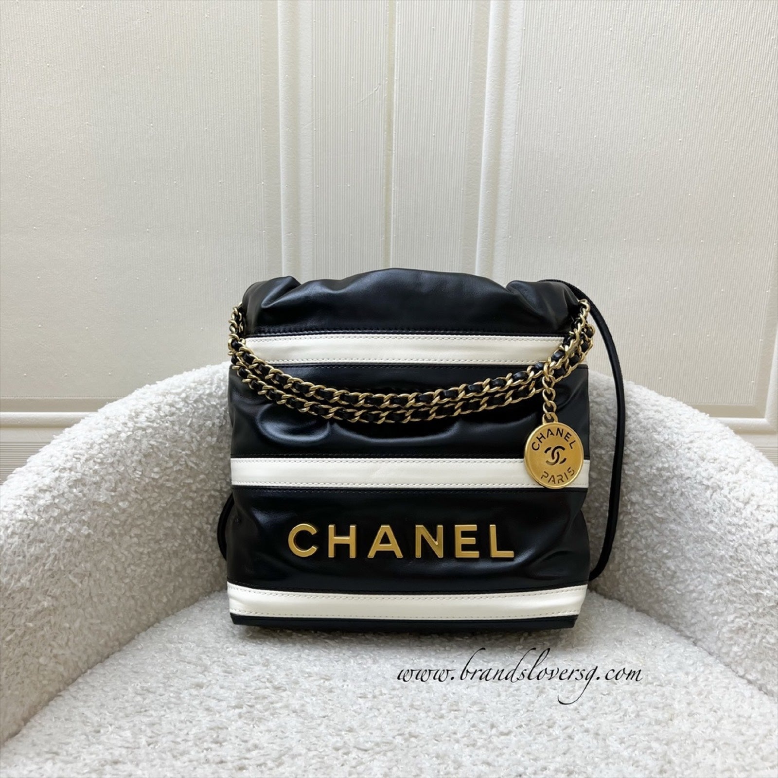 Chanel 22 Mini Hobo Handbag in 24S Striped Black and White Shiny Calfskin and Aghw (detachable Strap)
