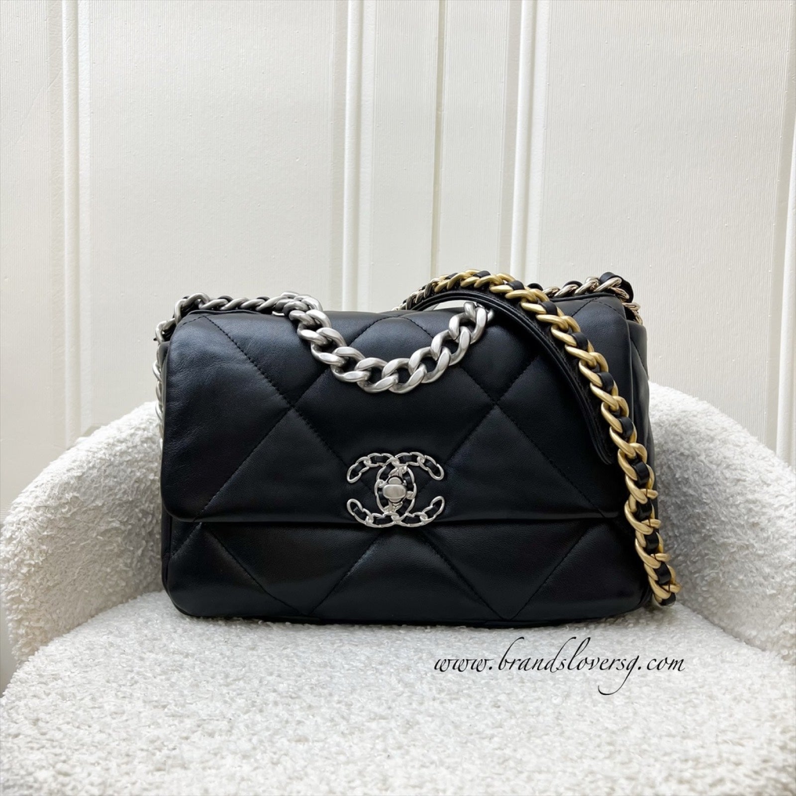 Chanel 19 Small Flap In Black Lambskin And 3-tone Hardware With Silver Turnlock (model: AS1160) Bag